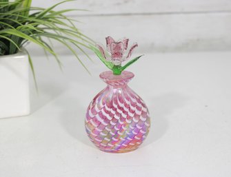 Iridescent Dragon Scale Art Glass Perfume Bottle W/ Pink Flower & Leaf Stopper