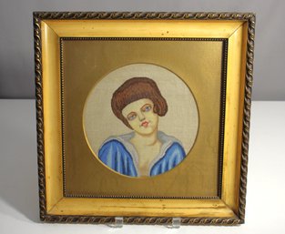 Framed Vintage Needlepoint Portrait Of Lady