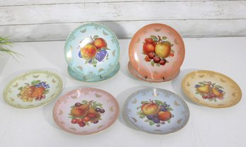 Set Of 6 Vintage Porcelain Fruit Dessert Plates  7.5' Round, Pastel Colors