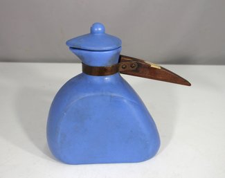 Vintage 8 Blue Ceramic Pitcher With Wooden Handle & Lid  Mid-Century Modern