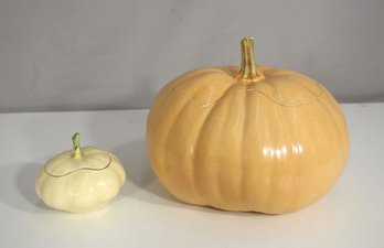 Handcrafted Pumpkin Ceramic Tureens  Set Of 2 Lidded Bowls  Signed Pottery