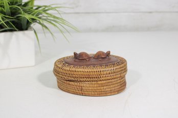 Vintage Woven Rattan Trinket Box Turtle Carved Wood Lid Oval Basket Box