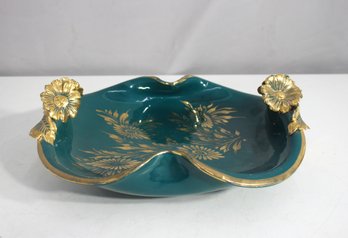 Antique French Porcelain & Gilt Bronze Floral Dish  3.5H X 11.5W X 11D