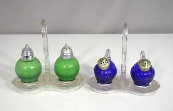 Antique Glass Salt & Pepper Shaker Sets With Caddies  Cobalt Blue & Green