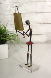 Signed Mid Century Modern Metal Sculpture Figure W/ Brass Easel  10.5 Tall