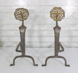 Antique Arts & Crafts Fireplace Andirons  Wrought Iron With Brass Medallions, 23' H X 18' W X 11' D (Pair)