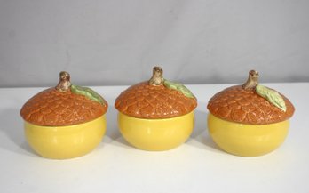 Set Of 3 Vintage Acorn Ceramic Bowls With Lids  5' Round  Barnacle Inc. England