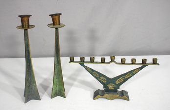 Mid-Century Brutalist Bronze Menorah & Candlestick Holders  Patinated Metal