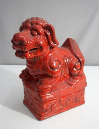 Vintage Chinese Red Glazed Ceramic Foo Dog Statue - 13' Tall