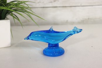 Vintage Blue Art Glass Dolphin Figurine  6 Long X 3 Tall