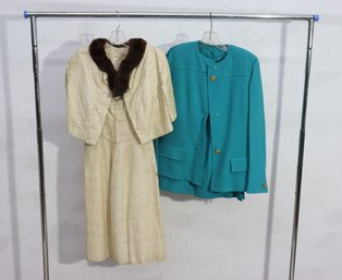 Ladies Dress & Suit Lot  Vintage Formal Dress With Fur Collar & Teal Jacket Set