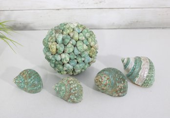 Coastal Shell Decor Set  Green Seashell Orbs & Large Spiral Shell Accents