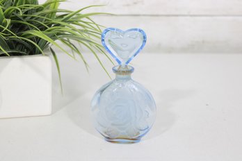 Vintage 1950s Frosted Blue Glass Perfume Bottle W/ Heart Stopper & Rose Design