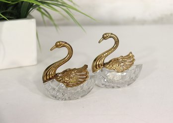 Pair Of Vintage Lead Crystal & Brass Swan Figurines  3 Tall
