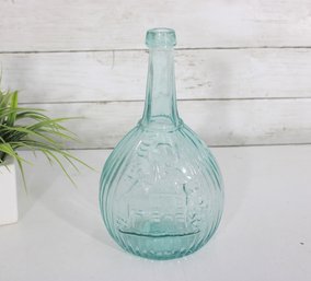 Antique Aqua Glass Bottle With Embossed Grape & Vine Design  Ribbed  10' Tall
