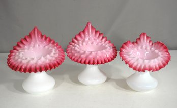 Set Of 3 Antique Hand-Blown Jack-in-the-Pulpit Vases  Pink Ruffled Opal Art Glass