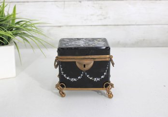 Antique Victorian Black Glass Jewelry Casket With Gilt Metal Mounts  Floral Lid  4.5'