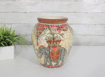 Large Mosaic Elephant Vase  10' Decorative Ceramic Jar With Tribal Design