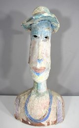 Large Vintage Abstract Bust Sculpture Of A Female With Hat - 29 H X 14 W  Signed