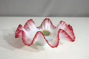 Antique Victorian Ruffled Art Glass Bowl  2.5H X 7.5 Round  Hand-Painted Gold & Floral