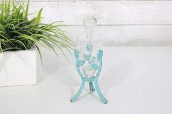 Vintage 6.5 Crackle Glass Perfume Bottle W/ Turquoise Metal Stand & Stopper