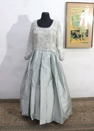Vintage Beaded Formal Gown Silver Gray Embroidered Bodice Full Skirt Dress Size M