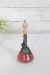 Antique Art Nouveau Style Ruby Glass Perfume Bottle With Metal Overlay & Stopper  6.5'Tall