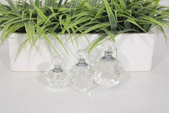 Lot Of 3 Crystal Art Deco Style Perfume Bottles  Empty  2.5, 3, 3.5 Refillable
