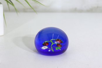 Vintage 1974 Caithness Scotland Art Glass Paperweight  Ladybug & Flower On Cobalt Blue
