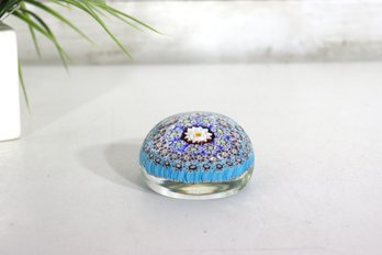 Vintage Millefiori Art Glass Paperweight  Blue & White Floral Cane Design  2'