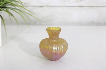 Antique Iridescent Amber Glass Miniature Vase / Bud Vase  Ribbed  3 Tall