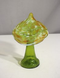 Vintage Hand-Blown Czech Art Glass Jack-in-the-Pulpit Vase  Green & Swirl Pattern  C.1930  6.5H