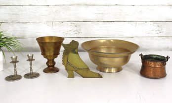 Mixed Lot Of Vintage Brass, Copper & Metal Decor Pieces  Bowls, Candle Holders, Shoe Figurine, & More