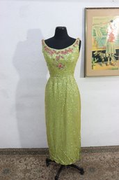Vintage Green Sequin Evening Gown Pink Floral Beaded Bodice Sleeveless Size 8