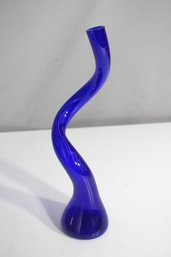 Signed Cobalt Blue Hand-Blown Art Glass Vase  12' Swirl Form  Studio Glass
