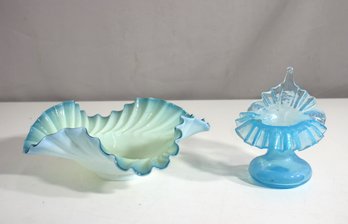 Vintage Hand-Blown Green Cased Glass Ruffle Bowl  5H & 3H X 9 Round