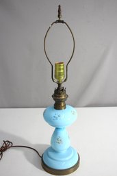 Vintage Blue Glass Table Lamp With Hand-Painted Floral Details