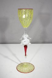 Venetian Style Art Glass Goblet  14.5' Tall Hand-Blown Stemware With Scroll Detail