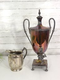 Antique Silverplate Samovar Coffee Urn & Creamer Pitcher Set  Ornate Handles & Spout  22 & 8