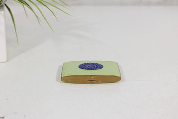 Vintage Green Enamel Powder Compact W/ Blue Rhinestone Medallion  Gold Tone Vanity Compact 3'