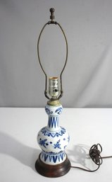Vintage Blue And White Porcelain Table Lamp With Wooden Base