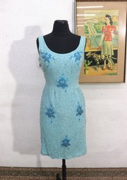Vintage Mary Magnin Blue Beaded Cocktail Dress Sleeveless Sheath Size Small