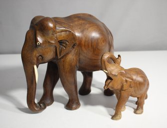 Pair Of Hand-Carved Wooden Elephant Sculptures