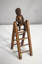Hand-Carved Wood Sculpture  Figure On Ladder  8.5' Folk Art Piece