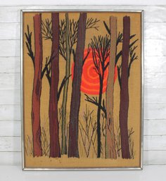 Mid-Century Modern Crewelwork Forest Sunset  Framed Textile Wall Art  33.5 X 25'