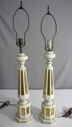 Pair Of Vintage White And Gold Octagonal Column Table Lamps