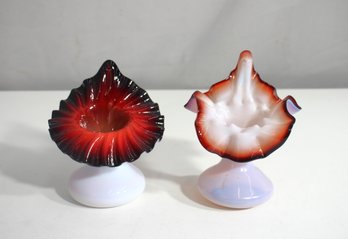 Antique Hand-Blown Victorian Art Glass Vases  5' & 5.5'  Ruffled Edge, Cranberry Opalescent