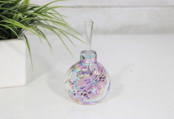 Signed Iridescent Purple & White Art Glass Perfume Bottle W/ Dauber Stopper
