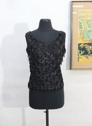 Vintage Black Beaded Sequin Fringe Top Evening Blouse Sleeveless Size 36