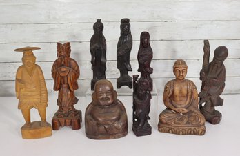 Lot Of 9 Vintage Hand-Carved Wooden Figurines  Buddha, Monk, Wise Men & Asian Figures